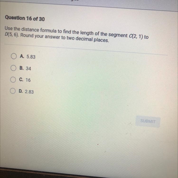 Use the distance formula to find the length of the segment C(2, 1) to D(5,6). Round-example-1