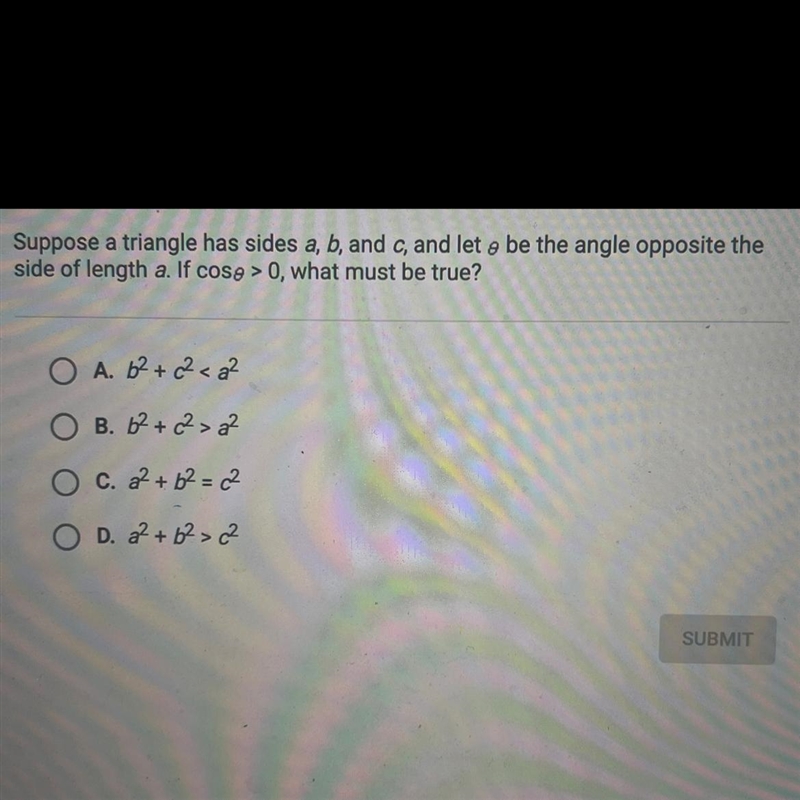 Suppose a triangle has sides a, b, and c, and let o be the angle opposite theside-example-1