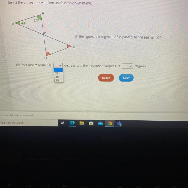 33Select the correct answer from each drop-down menu.A75°B40°AoIn the figure, line-example-1