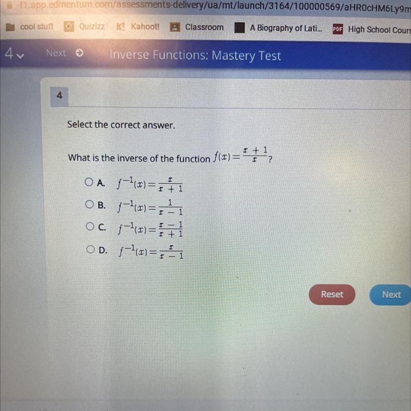 Select the correct answer.IWhat is the inverse of the function f(x) = +1²?IIOA.f(x-example-1