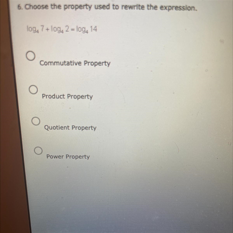 6. Choose the property used to rewrite the expression,logo 7+ loge 2 - Ioga 14Commutative-example-1