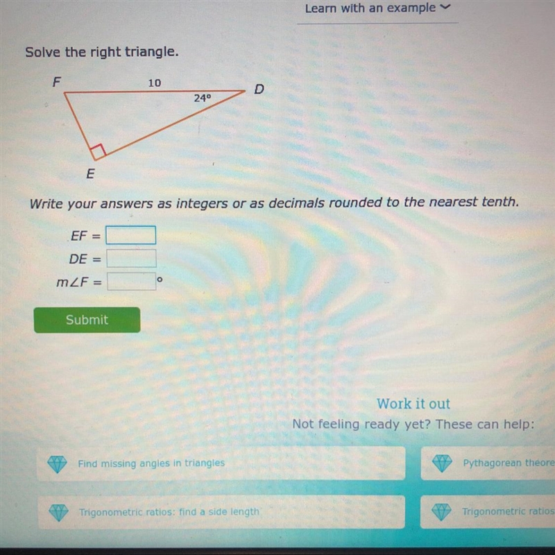 Solve the right triangle. Will give points!-example-1