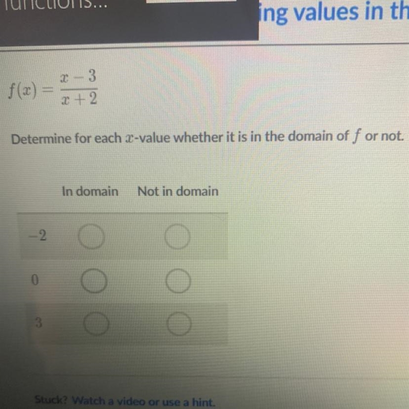 - 32 + 2Determine for each 2-value whether it is in the domain of f or not.In domainNot-example-1