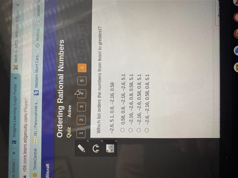 Least to greatest -2.6, 5.1,0.8,-2.16,0.58-example-1