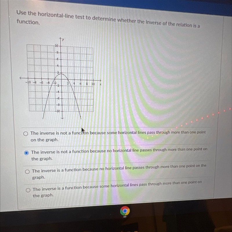 Use the horizontal like test to determine weather the inverse of the relation is a-example-1