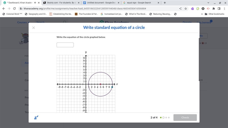 Write the equation of the circle graphed below.Write standard equation of a circle-example-1