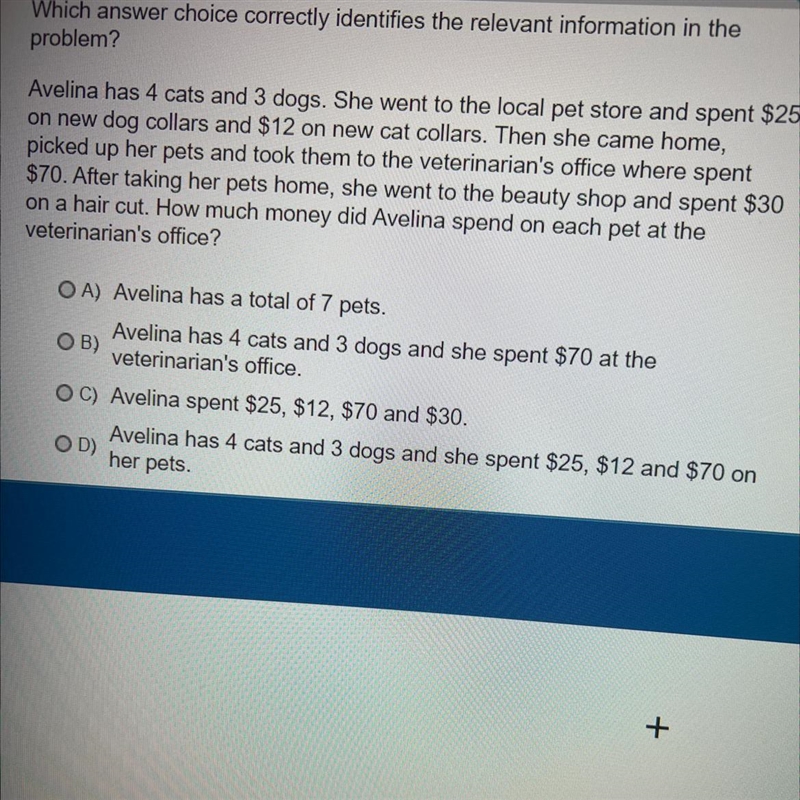 Which answer choice correctly identifies the relevant information in the problem? Avelina-example-1