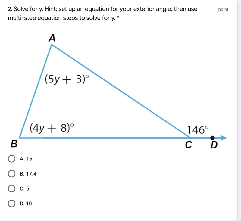 set up an equation for your exterior angle, then use multi-step equation steps to-example-1