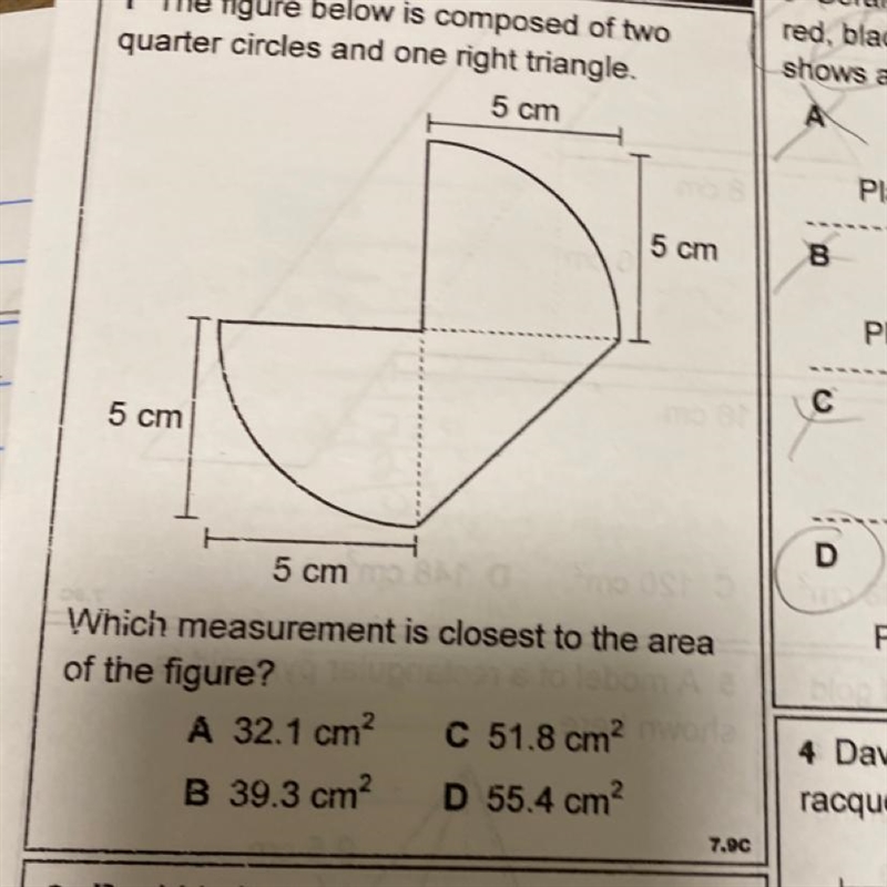 The figure below is composed of two quarter circles and one right triangle-example-1