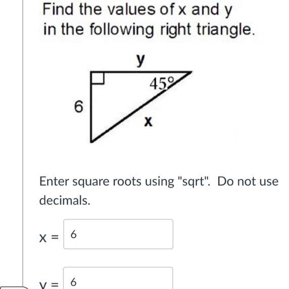 Find the values of x and yin the following right triangle.-example-1