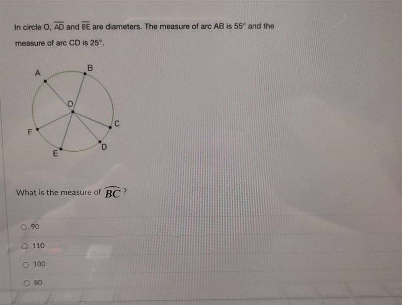 In circle O. AD and BE are diameters. The measure of arc AB is 55° and the measure-example-1