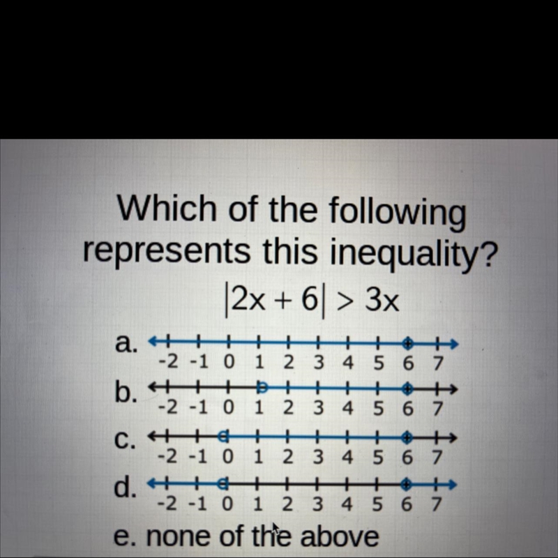 Which of the followingrepresents this inequality?|2x + 6| > 3xA,b,c,d or e-example-1