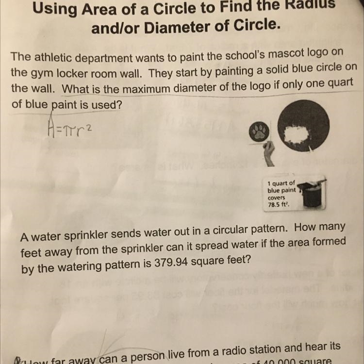 Using Area of a Circle to Find the Radiusand/or Diameter of Circle.The athletic department-example-1