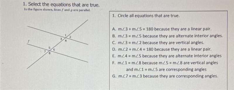 1. Select the equations that are true.In the figure shown, lines f and g are parallel-example-1