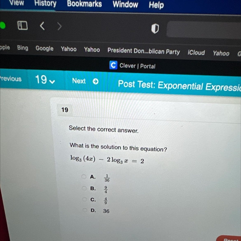 19 Select the correct answer. What is the solution to this equation? log₃(4 x)-2log-example-1