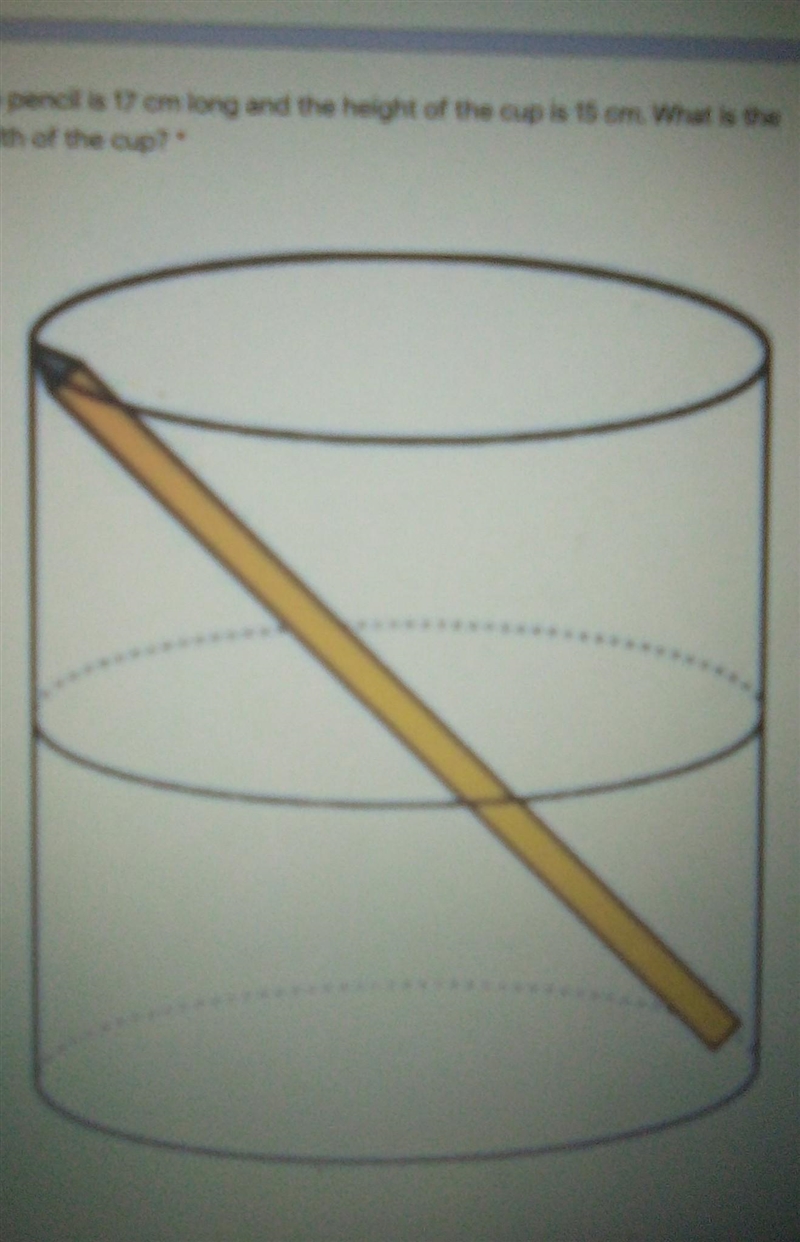 The pencil is 17 cm long in the height of the cup is 15 cm. What is the width of the-example-1