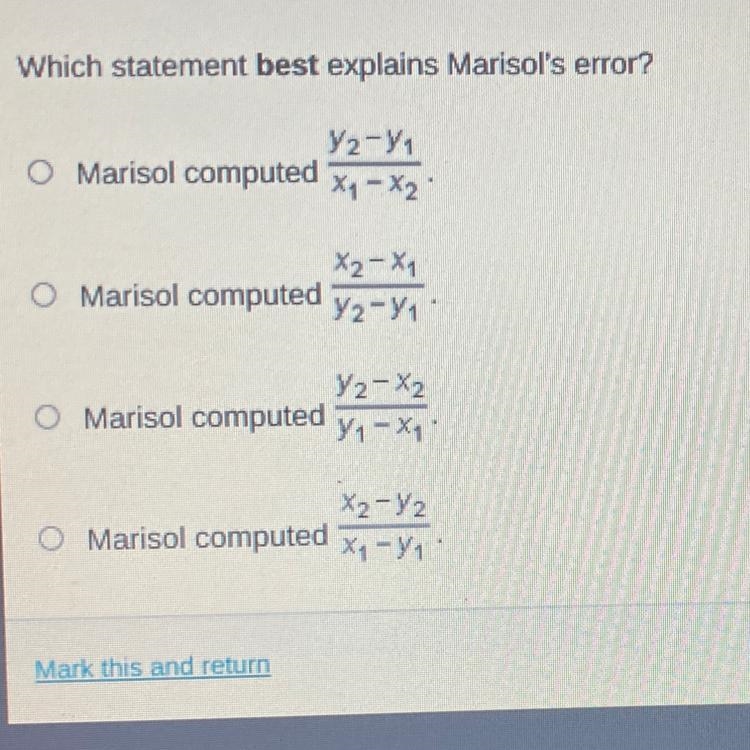 Marisol attempted to determine the slope of a line based on the two points shown in-example-1