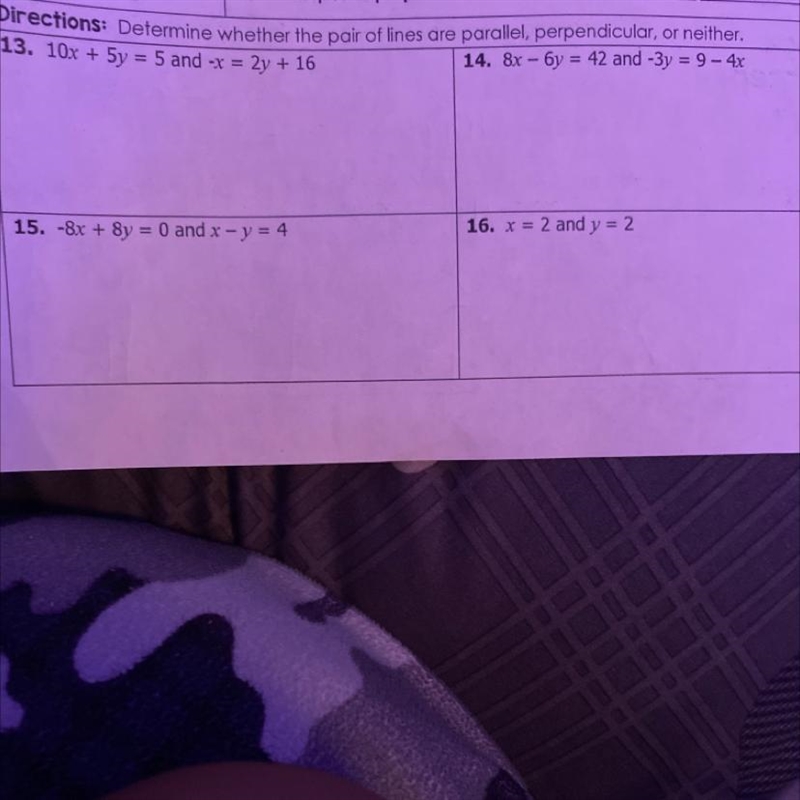 Directions: Determine wether the pair of lines are parallel perpendicular or neither-example-1