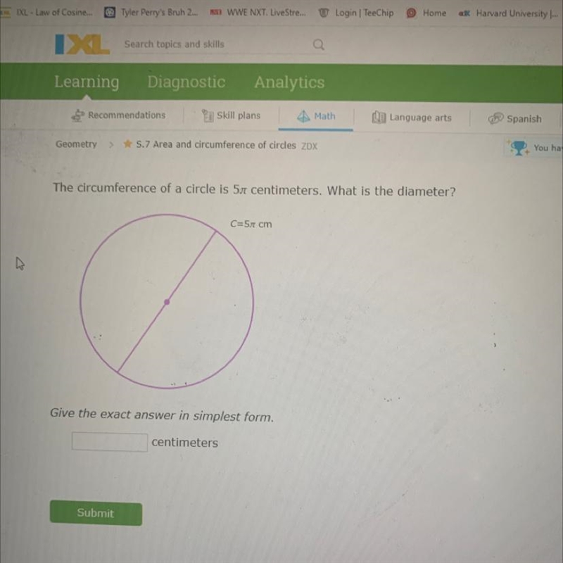 The circumference of a circle is 5 pi centimeters. What is the diameter?-example-1