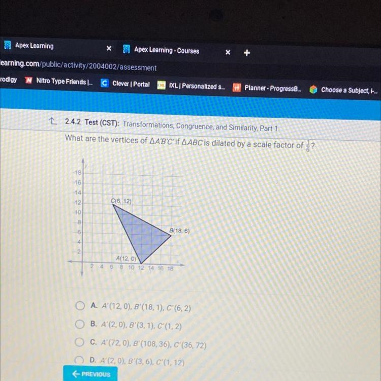 What are the vertices of A’B’C’ is ABC is dilated by a scale factor of 1/6?-example-1