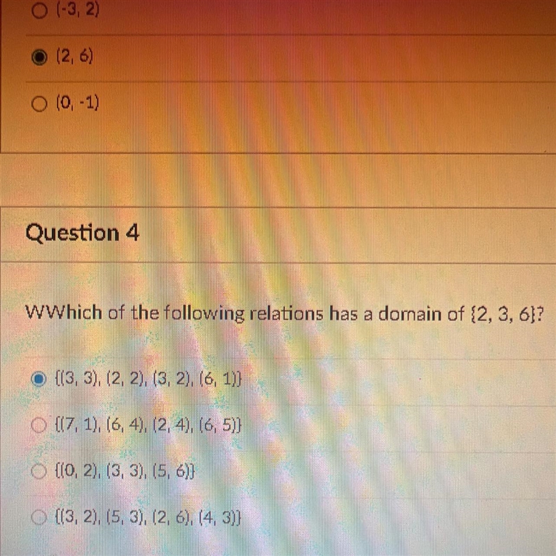 WWhich of the following relations has a domain of {2, 3, 6)?{(3, 3), (2, 2), (3, 21416, 1))O-example-1