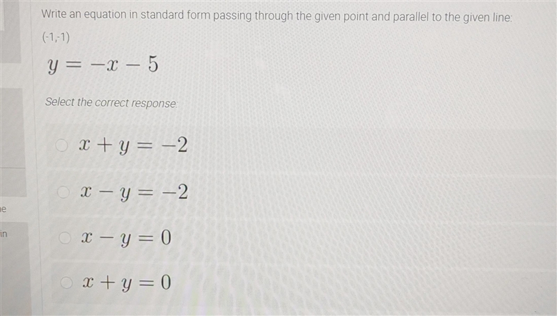 Write an equation in standard form passing through the given line and parallel to-example-1