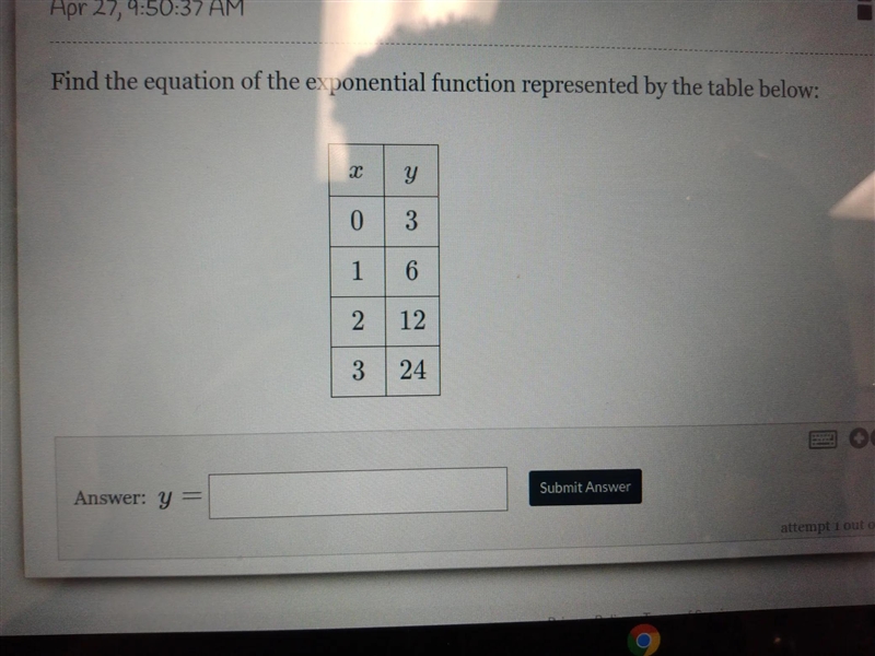 Find the equation of the exponential function represented by the table below: C y-example-1