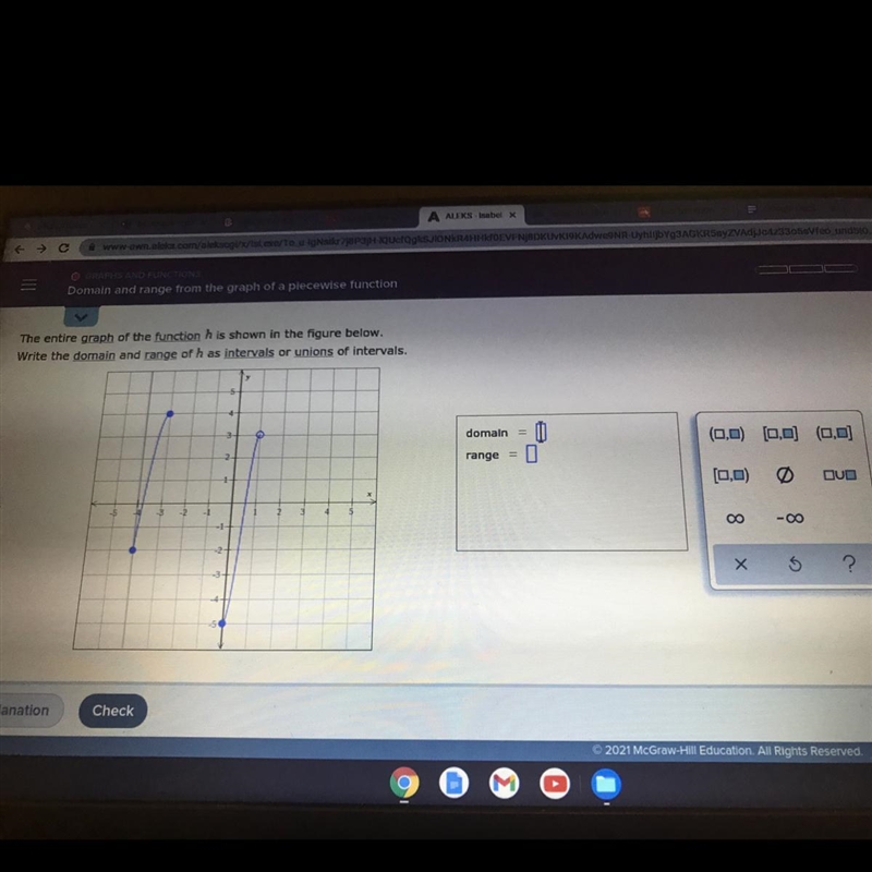 The entire graph of the function fis shown in the figure below.Write the domain and-example-1