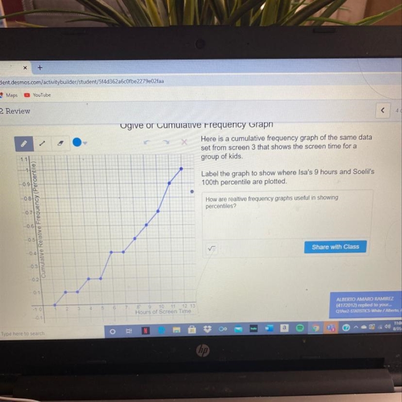 Here is a cumulative frequency graph of the same dataset from screen 3 that shows-example-1