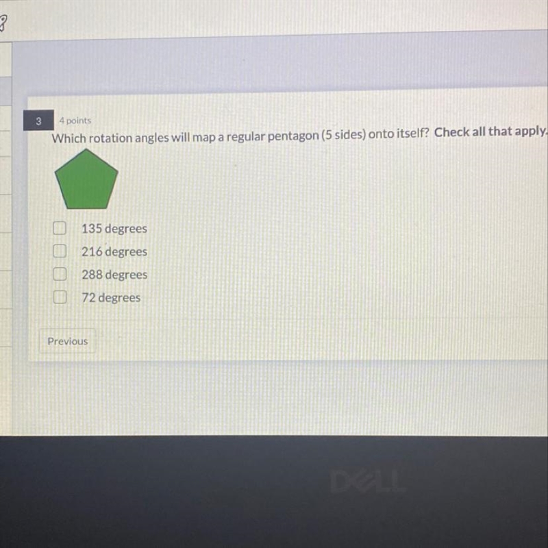 34 pointsWhich rotation angles will map a regular pentagon (5 sides) onto itself? Check-example-1