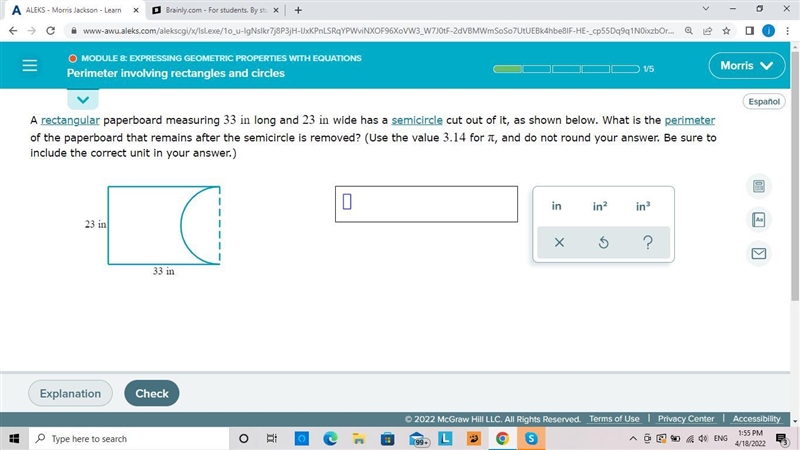 A rectangular paperboard measuring long and wide has a semicircle cut out of it, as-example-1