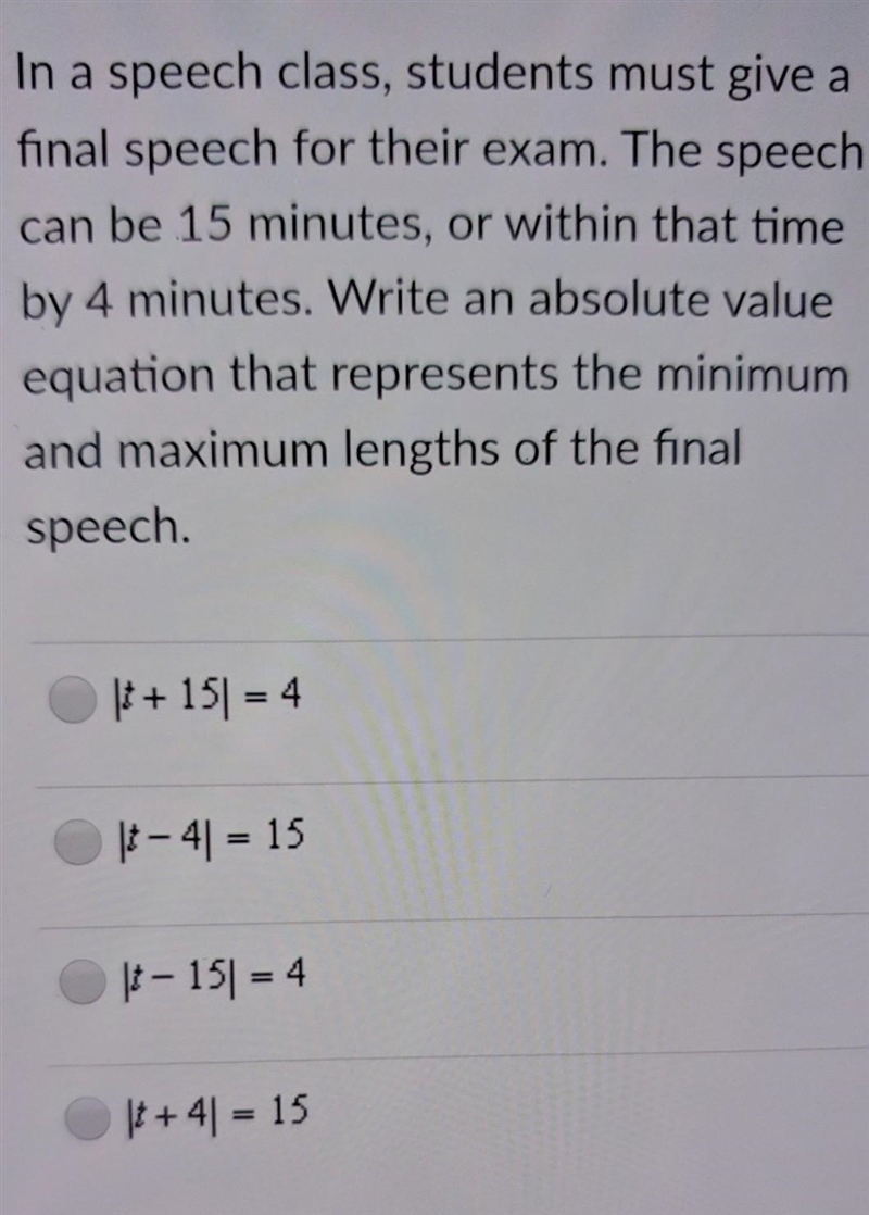 Hello may someone help with my practice, I believe it is t+15=4But I am unsure.-example-1