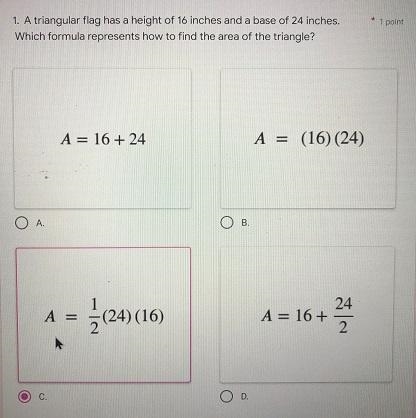 A triangular flag has a height of 16 inches and a base of 24 inches.-example-1