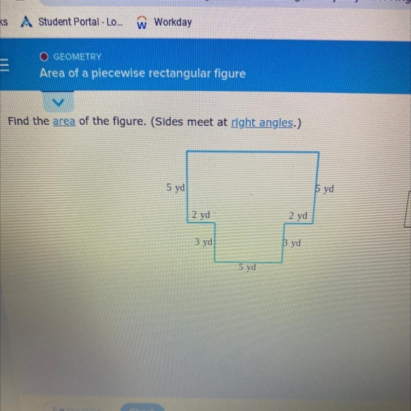 Find the area of the figure. (Sides meet at right angles.)5 yd5 yd2 yd2 yd3 yd5 yd-example-1