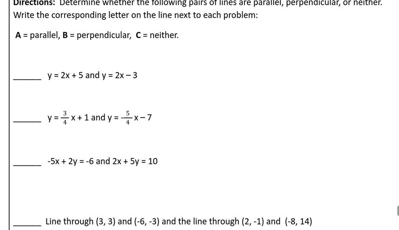 Determine whether the following pairs of lines are parallel, perpendicular, or neither-example-1