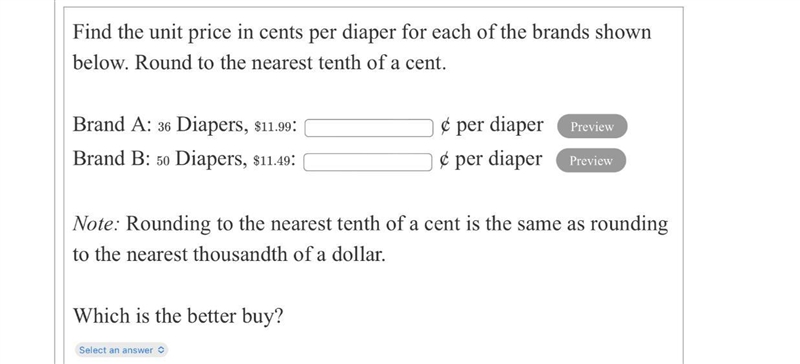 Find the unit price in cents per diaper for each of the brands shown below. Round-example-1