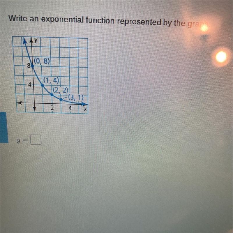 Write an exponential function represented by the graph y= ?-example-1