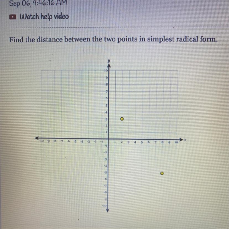 Find the distance between the two points in simplest radical form.-example-1