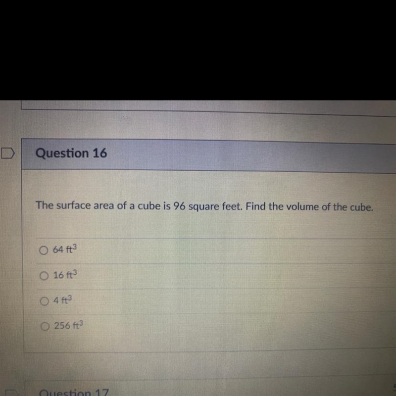 The surface area of a cube is 96 ft.² find the volume of a cube-example-1