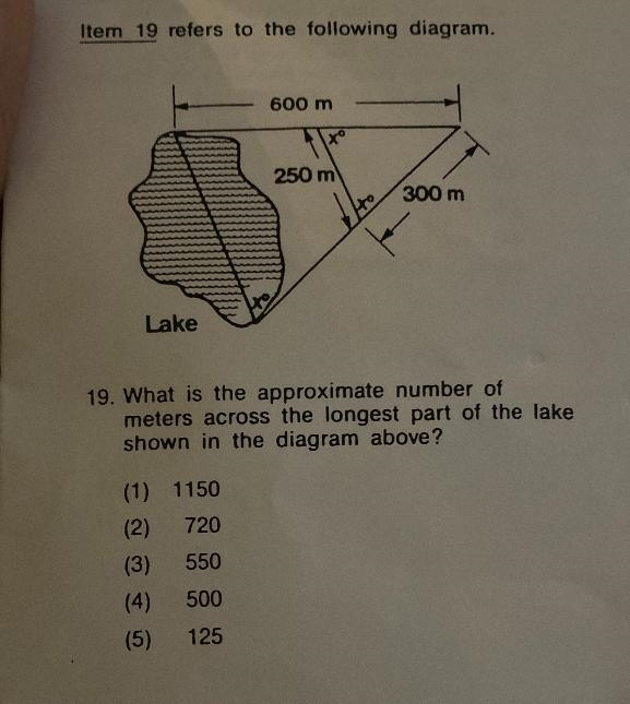 600 m 250 m 300 m Lake 19. What is the approximate number of meters across the longest-example-1