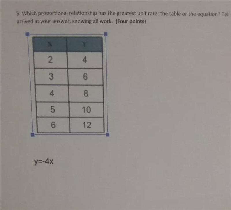 Which proportional relationship has the greatest unit rate the table or the equation-example-1