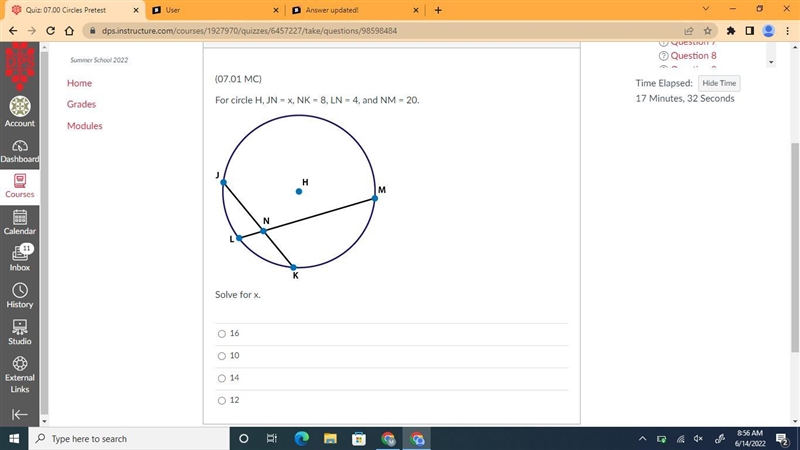 For circle H, JN = x, NK = 8, LN = 4, and NM = 20.Solve for x.-example-1