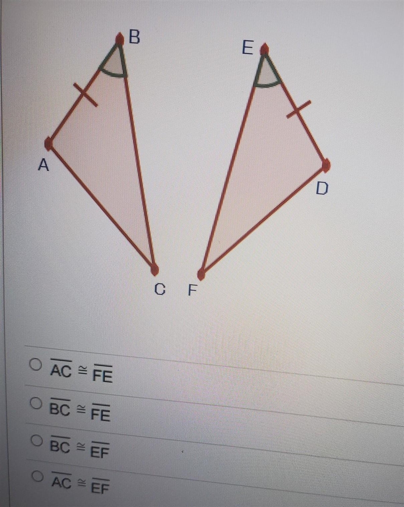 What additional information would you need to prove that ΔABC ≅ ΔDEF by SAS?​-example-1