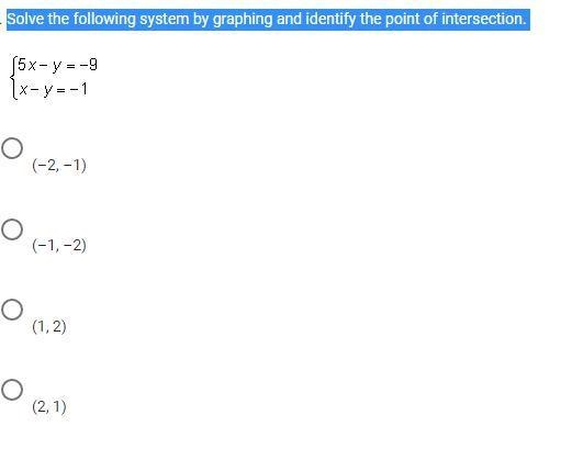 Solve the following system by graphing and identify the point of intersection.-example-1