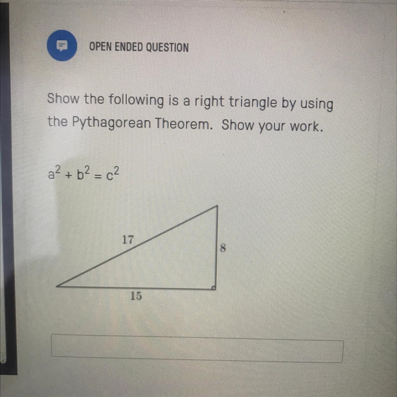 Show the following is a right triangle by using the pythagorean theorem. show your-example-1