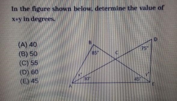 In the figure shown below, determine the value of x+y in degrees.-example-1