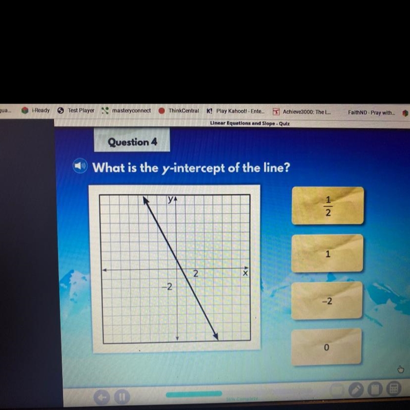 What is the y-intercept of the line? A. 1/2B. 1 C. -2 D. 0-example-1