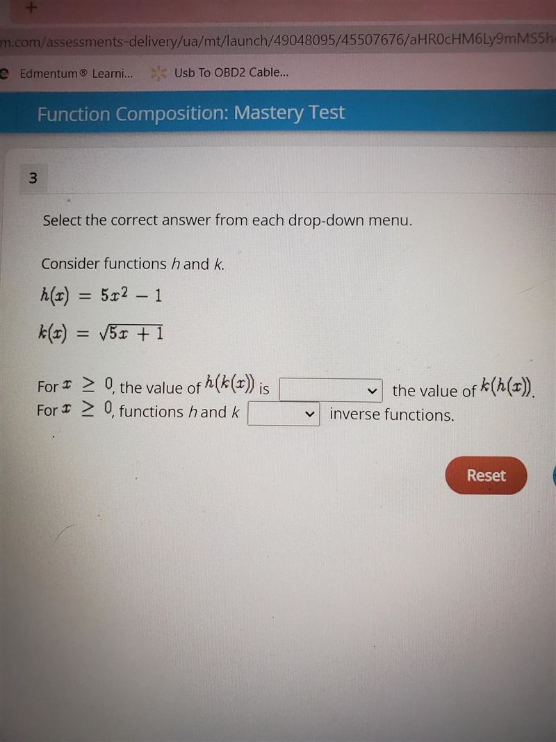 Select the correct answer from each drop-down menu. Consider functions h and k. h-example-1