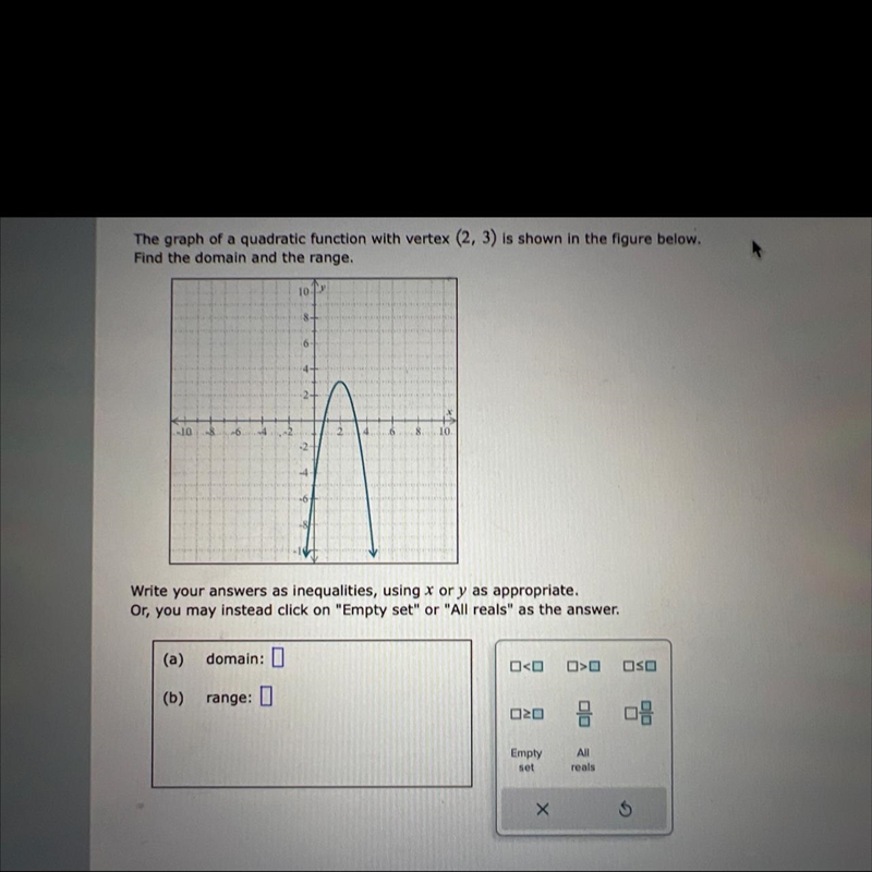 The graph of the quadratic function with vertex (2,3) is shown in the figure belowFind-example-1