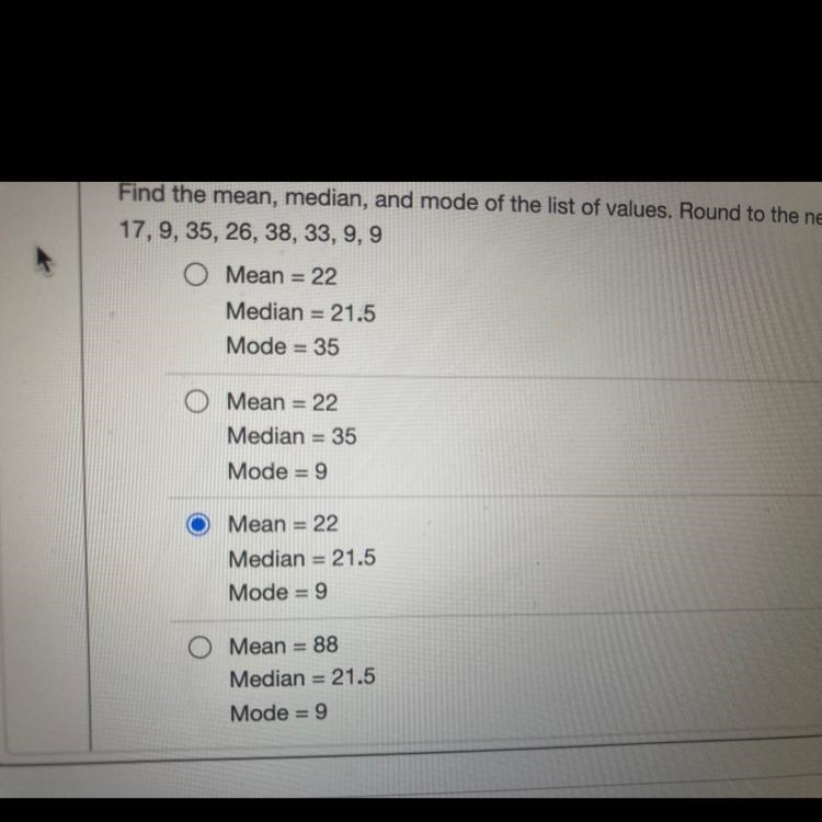 Find the mean, median, and mode of the list of values. Round to the nearest tenth-example-1